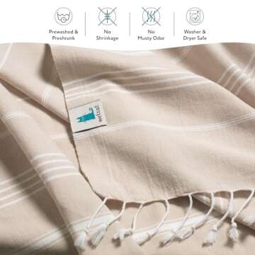 WETCAT Turkish Beach Towel Oversized (38"x71") 100% Turkish Cotton, Made in Turkey - Sand Free, Extra Large, Ultra Soft, Quick Drying, Compact & Lightweight for Travel - Beige