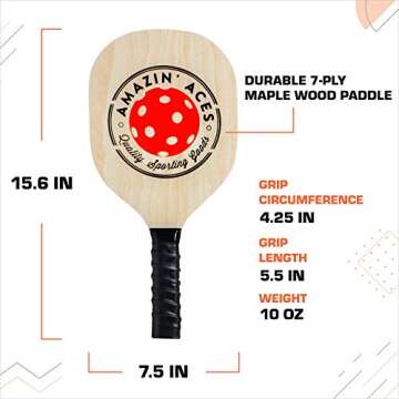Amazin' Aces Pickleball Classic 4-Piece Wooden Paddle & Racket Set with Cushion Grip - 4 Balls & Bag for All Levels - Pickleball Paddles