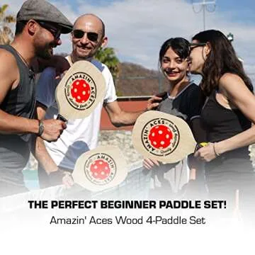 Amazin' Aces Pickleball Classic 4-Piece Wooden Paddle & Racket Set with Cushion Grip - 4 Balls & Bag for All Levels - Pickleball Paddles