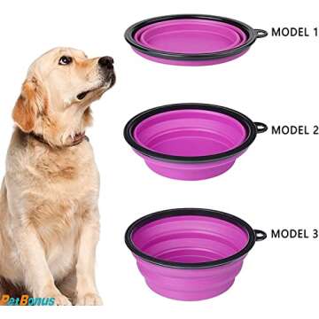 PetBonus 2-Pack Silicone Collapsible Dog Bowls, BPA Free Dishwasher Safe, Portable Foldable Expandable Travel Bowl, Food Water Feeding Cup Dish for Dogs Cats with 2 Carabiners (Purple, Pink)