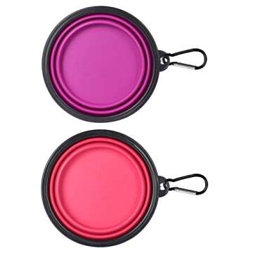 PetBonus 2-Pack Silicone Collapsible Dog Bowls, BPA Free Dishwasher Safe, Portable Foldable Expandable Travel Bowl, Food Water Feeding Cup Dish for Dogs Cats with 2 Carabiners (Purple, Pink)