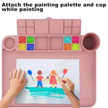 Svartur Silicone Painting Mat with Cup and Palette Detachable, 17"X13" Thick Silicone Craft Mat with Raised Edge for Artist, Kids Painting Station Silicone Creator Mat, Gray & Coral Pink