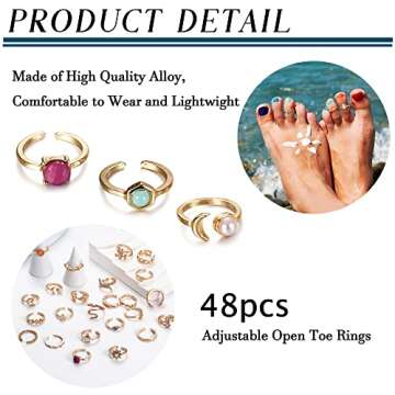 Subiceto 48Pcs Open Toe Rings Set for Women Men Adjustable Vintage Retro Knuckle Ring Bohemian Toe F...