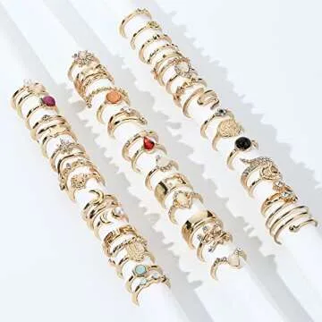 Subiceto 48Pcs Open Toe Rings Set for Women Men Adjustable Vintage Retro Knuckle Ring Bohemian Toe Finger Tail Ring Summer Beach Foot Jewelry Gold