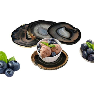 JIC Gem Set of 4 Natural Agate Coasters - Dyed Black Geode Decorative Coasters with Rubber Bumpers