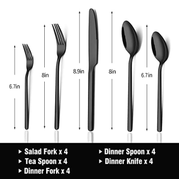 KINGSTONE Black Flatware Set for 4 - 20 Piece Set