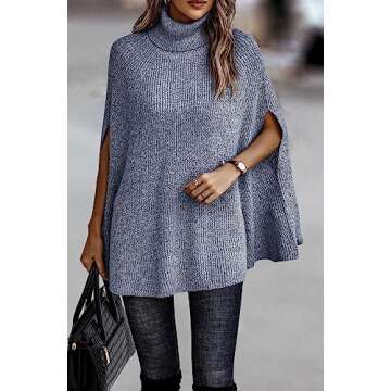 KIRUNDO Women's 2025 Fall Winter Turtleneck Poncho Sweater Fashion Chunky Knit Cape Wrap Sweaters Pu...