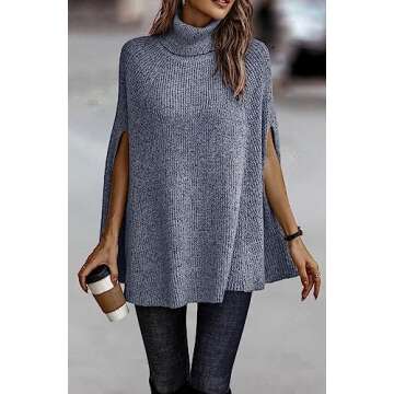 KIRUNDO Women's 2025 Fall Winter Turtleneck Poncho Sweater Fashion Chunky Knit Cape Wrap Sweaters Pullover Jumper Tops(Grey Blue, Small)