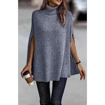 KIRUNDO Women's 2025 Fall Winter Turtleneck Poncho Sweater Fashion Chunky Knit Cape Wrap Sweaters Pullover Jumper Tops(Grey Blue, Small)