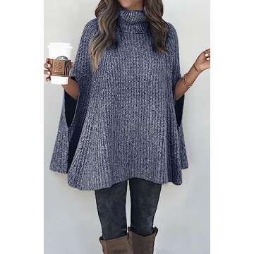 KIRUNDO Women's 2025 Fall Winter Turtleneck Poncho Sweater Fashion Chunky Knit Cape Wrap Sweaters Pullover Jumper Tops(Grey Blue, Small)