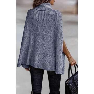 KIRUNDO Women's 2025 Fall Winter Turtleneck Poncho Sweater Fashion Chunky Knit Cape Wrap Sweaters Pullover Jumper Tops(Grey Blue, Small)