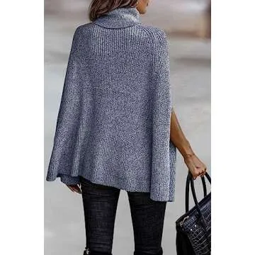 KIRUNDO Women's 2025 Fall Winter Turtleneck Poncho Sweater Fashion Chunky Knit Cape Wrap Sweaters Pullover Jumper Tops(Grey Blue, Small)