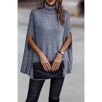 KIRUNDO Women's 2025 Fall Winter Turtleneck Poncho Sweater Fashion Chunky Knit Cape Wrap Sweaters Pullover Jumper Tops(Grey Blue, Small)