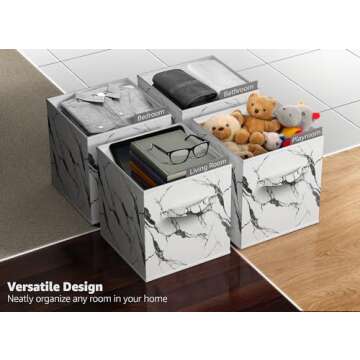 Sorbus Collapsible Storage Bins - 11" Sturdy Foldable Fabric Storage Cubes with Handle - 4 White Marble Organization and Storage Baskets for Organizing Pantry, Closet, Nursery, Dorm, Toy Storage