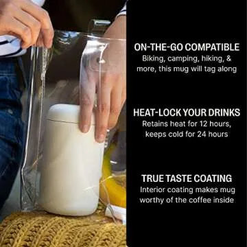 Fellow 16 oz Carter Wide Travel Mug - Wide Mouth Vacuum-Insulated Stainless Steel Coffee Mug - Tea and Coffee Tumbler - Travel Coffee Mug with Ceramic Interior - Matte White