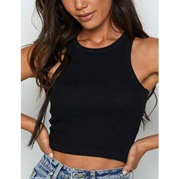 Meladyan Women's Basic Solid O Neck Rib-Knit Crop Vest Sleeveless Racerback Cropped Sports Tank Tops (Large, Black)