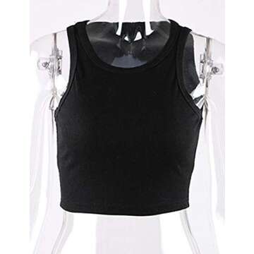 Meladyan Women's Basic Solid O Neck Rib-Knit Crop Vest Sleeveless Racerback Cropped Sports Tank Tops (Large, Black)