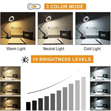 DLLT Dimmable Swing Arm Desk Lamp with Clamp, 68 LED Flexible Architect Work Lamp, 3 Colors 10 Brigh...