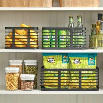 mDesign Flat Wire Metal Basket for Kitchen Organization - 12" Wide Food Organizer Bin - Metal Storage Basket - Perfect for Organizing Bulk Pantry - Carson Collection - 6 Pack - Matte Black