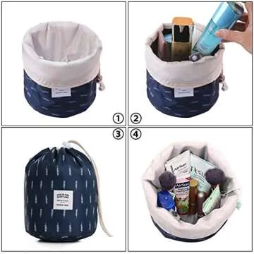 INVODA Cosmetic Bag Barrel Makeup Bag for Women and Girls Portable Drawstring Toiletry Bag Soft Collapsible Toiletry Bucket Bags Multifunctional Organizer Storage Pocket