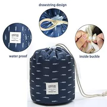INVODA Cosmetic Bag Barrel Makeup Bag for Women and Girls Portable Drawstring Toiletry Bag Soft Collapsible Toiletry Bucket Bags Multifunctional Organizer Storage Pocket