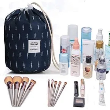 INVODA Cosmetic Bag Barrel Makeup Bag for Women and Girls Portable Drawstring Toiletry Bag Soft Collapsible Toiletry Bucket Bags Multifunctional Organizer Storage Pocket