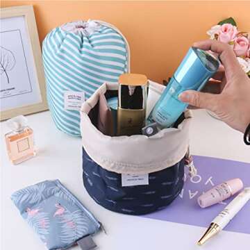 INVODA Cosmetic Bag Barrel Makeup Bag for Women and Girls Portable Drawstring Toiletry Bag Soft Collapsible Toiletry Bucket Bags Multifunctional Organizer Storage Pocket