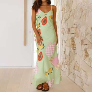 Owl's-Yard Women's Spaghetti Straps Slip Fishtail Dress Fruit Print Swing Dress Summer Casual Maxi Dress (A-Mint, S)