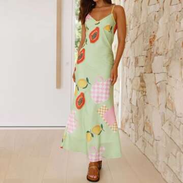 Owl's-Yard Women's Spaghetti Straps Slip Fishtail Dress Fruit Print Swing Dress Summer Casual Maxi Dress (A-Mint, S)