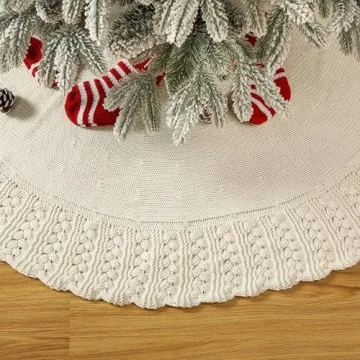 Aeranto Ivory Knitted Christmas Tree Skirt, Cozy Cable Knit Design with Scalloped Edge and Ties, Rus...