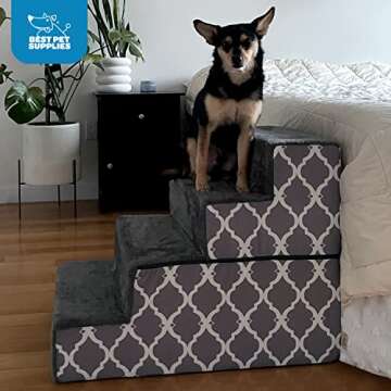 Best Pet Supplies Foldable Foam Pet Steps for Small Dogs and Cats, Portable Ramp Stairs for Couch, Sofa, and High Bed Climbing, Non-Slip Balanced Indoor Step Support, Paw Safe - Ash Gray Linen,4-Step
