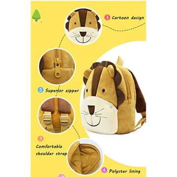 Ladyzone Toddler Backpack Zoo Animals Backpacks Cute Plush Bag Cartoon 10" Preschool Book Bag For 2+ Years Girls Boys (Lion)