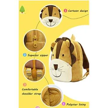 Ladyzone Toddler Backpack Zoo Animals Backpacks Cute Plush Bag Cartoon 10" Preschool Book Bag For 2+ Years Girls Boys (Lion)