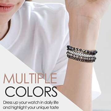 MOFREE Beaded Bracelet Compatible with Apple Watch Band 40mm/38mm/41mm/42mm(Series10) 9/8/7/SE/6/5/4/3/2/1 Women Fashion Handmade Elastic Stretch Strap for iWatch Bands Replacement Blue/Dark Grey