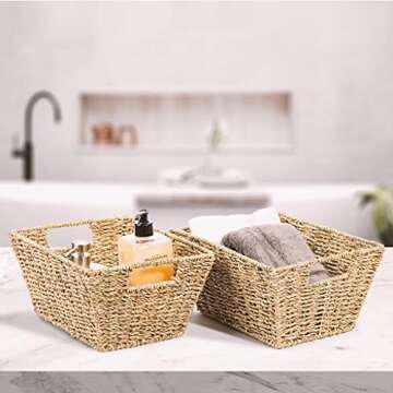 Sorbus Woven Wicker Storage Baskets for Organizing, Seagrass Closet Organizer Bins, Organization Storage Bins for Living Room, Bathroom Towels, Kitchen Pantry Cabinet, Bedroom, Handmade 4-PACK