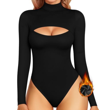 MANGOPOP Women's Fleece Lined Mock Neck Long Sleeve Bodysuits Cut Out Bodysuit Winter Thermal Top (B...