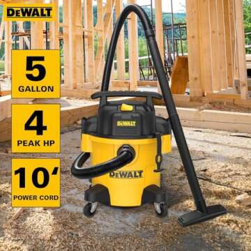 DEWALT DXV05P 5 Gallon Poly Wet/Dry Vac, 4 Peak HP Shop Vacuums with Attachments, Powerful Suction, ...