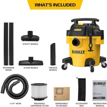 DEWALT DXV05P 5 Gallon Poly Wet/Dry Vac, 4 Peak HP Shop Vacuums with Attachments, Powerful Suction, 1-7/8" Hose, DXV05P, Yellow