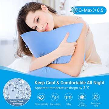 LUXEAR Cooling Pillow Cases, 2 Pack Stretch Arc-Chill Q-max 0.55 Cool Pillowcases Fit Standard & Queen Size Pillows, Breathable Silky Summer Pillow Cover for Hair Skin Hot Sleeper Night Sweat - Blue