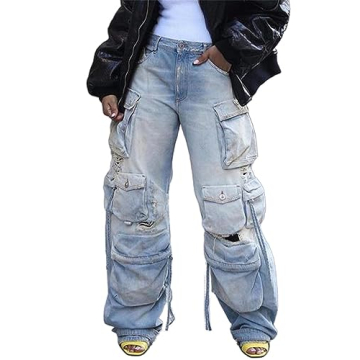 Women's Y2K Fashion Distressed Ripped Wide Leg Cargo Jeans with Multi Pockets