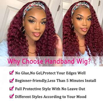 99j Headband Wig 18inch Water Wave Human Hair Headband Wigs for Black Women 10A Brazilian Red Burgundy Headband Wigs Glueless Machine Made None Lace Front Wigs Human Hair 150% Density