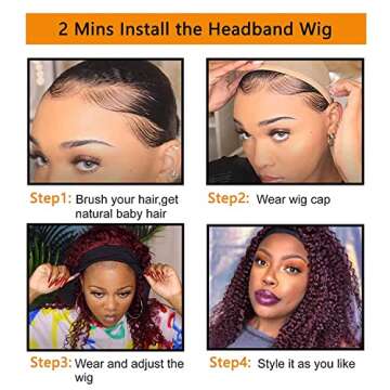 99j Headband Wig 18inch Water Wave Human Hair Headband Wigs for Black Women 10A Brazilian Red Burgundy Headband Wigs Glueless Machine Made None Lace Front Wigs Human Hair 150% Density