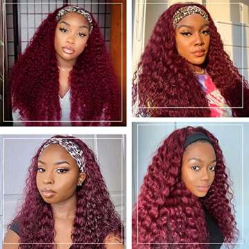 99j Headband Wig 18inch Water Wave Human Hair Headband Wigs for Black Women 10A Brazilian Red Burgundy Headband Wigs Glueless Machine Made None Lace Front Wigs Human Hair 150% Density