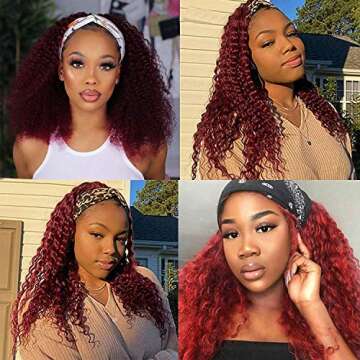 99j Headband Wig 18inch Water Wave Human Hair Headband Wigs for Black Women 10A Brazilian Red Burgundy Headband Wigs Glueless Machine Made None Lace Front Wigs Human Hair 150% Density