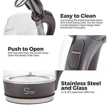 Chef's Star Electric Glass Kettle Tea Kettle Electric Water Kettle with Swivel Base Fast Boiling Automatic Shut Off and Cordless Hot Water Dispenser Electric Kettle Tea Pot Water Heater 57 Oz