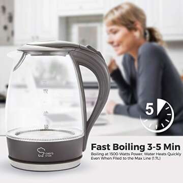 Chef's Star Electric Glass Kettle Tea Kettle Electric Water Kettle with Swivel Base Fast Boiling Automatic Shut Off and Cordless Hot Water Dispenser Electric Kettle Tea Pot Water Heater 57 Oz