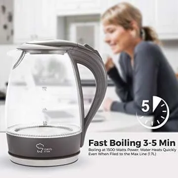 Chef's Star Electric Glass Kettle Tea Kettle Electric Water Kettle with Swivel Base Fast Boiling Automatic Shut Off and Cordless Hot Water Dispenser Electric Kettle Tea Pot Water Heater 57 Oz