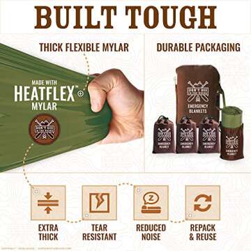 World’s Toughest Emergency Blankets [4-Pack] Extra-Thick Thermal Mylar Foil Space Blanket | Waterproof Ultralight Outdoor Survival Gear For Hiking, Camping, Running, Emergency, First Aid Kits [Green]