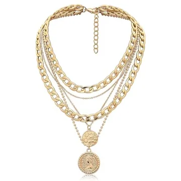 MJartoria Gold Layered Necklaces: Trendy Retro Coin Pendant 5 in 1 Chunky Jewelry Set