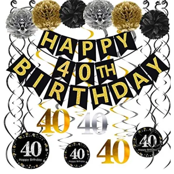 Famoby Black & Gold Glittery Happy 40th Birthday Decoration Kit with Banner, Poms, and Swirls for Me...